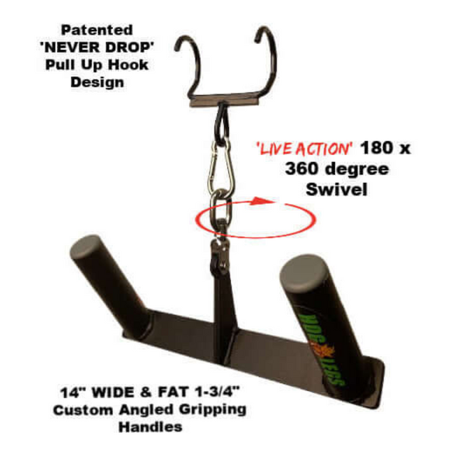 Introducing the HOG LEGS Multi-Row 'Wide' Back Cable Exercises Handles with padded grips and swivel, featuring our patented "Never Drop" design. This versatile, reliable workout accessory is perfect for any fitness enthusiast.