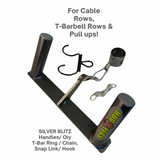 The HOG LEGS Multi-Row 'Wide' Back Cable Exercise Handles are metal gym attachments with handles, chain, and snap link—perfect for T-BAR ROW and SEATED ROW cable exercises.