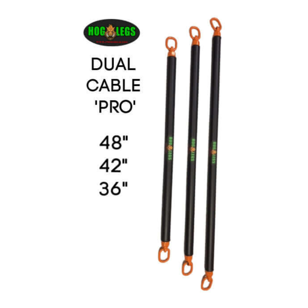 Discover the HOG LEGS 'PRO' Dual Cable Bar Attachments, available in 48", 42", and 36" sizes with vibrant orange loops. These commercial-grade, dual pulley cable grips offer unrivaled durability with a lifetime warranty.