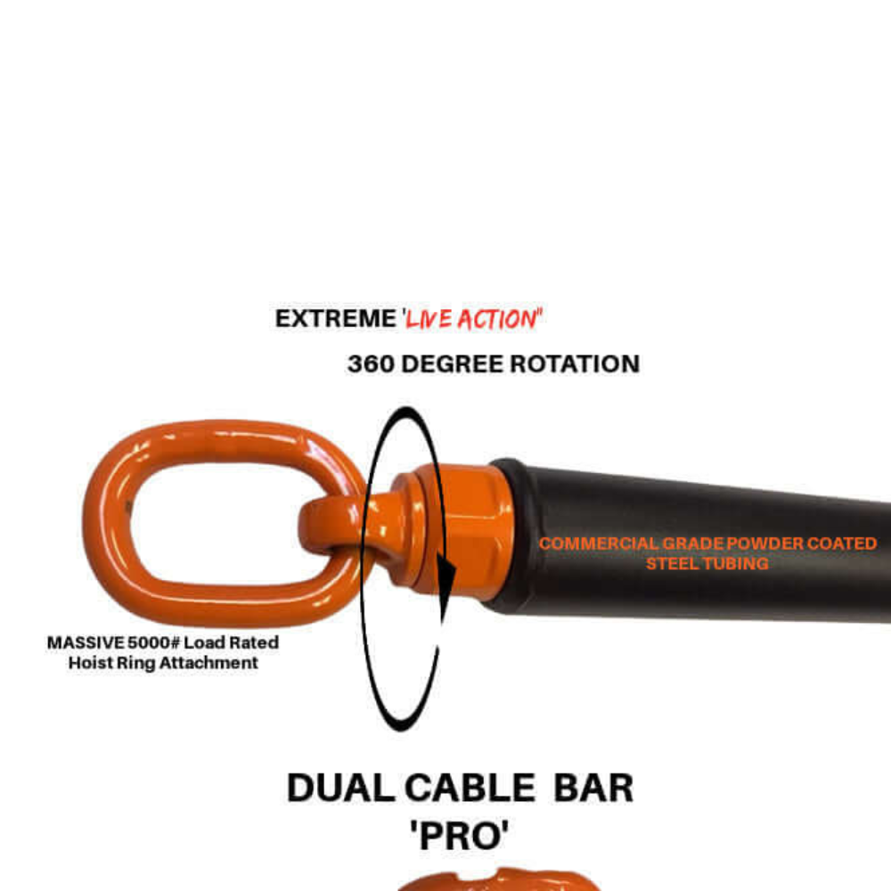 The HOG LEGS 'PRO' Dual Cable Bar Gym Cable Attachments provide features like a 360-degree rotation and dual pulley cable bar with an orange hoist ring and black steel tubing, ensuring commercial-grade reliability and performance.