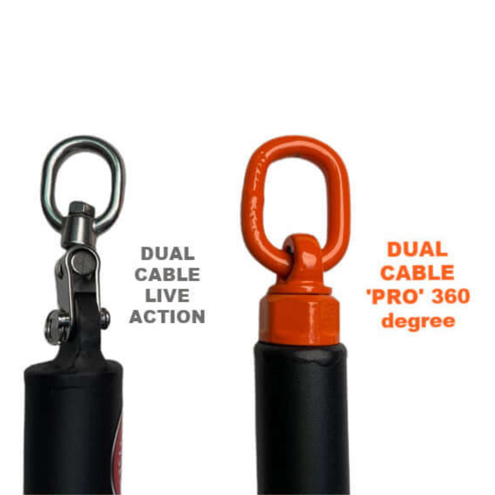 The HOG LEGS 'PRO' Dual Cable Bar Gym Cable Attachments feature silver and orange connectors labeled "LIVE ACTION" and "'PRO' 360 degree." They meet commercial-grade standards and include a lifetime warranty.