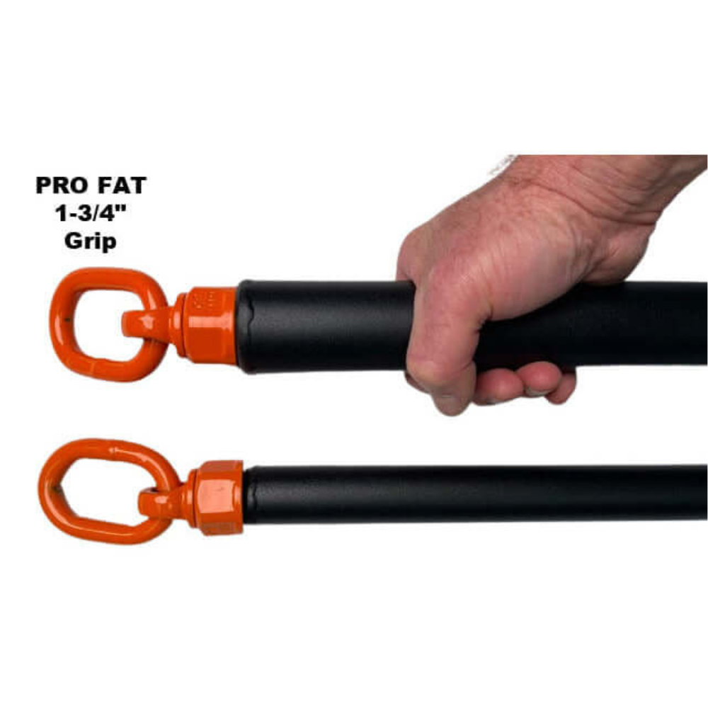 A hand grips a black HOG LEGS 'PRO' Dual Cable Bar with thick orange hooks on each end. Perfect for those seeking commercial-grade quality.