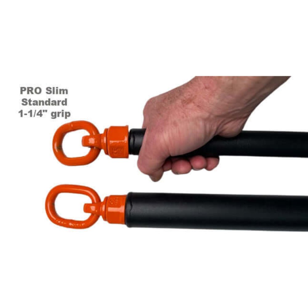A hand holds a HOG LEGS 'PRO' Dual Cable Bar with a black bar and an orange 1-1/4" grip, designed for commercial-grade performance.