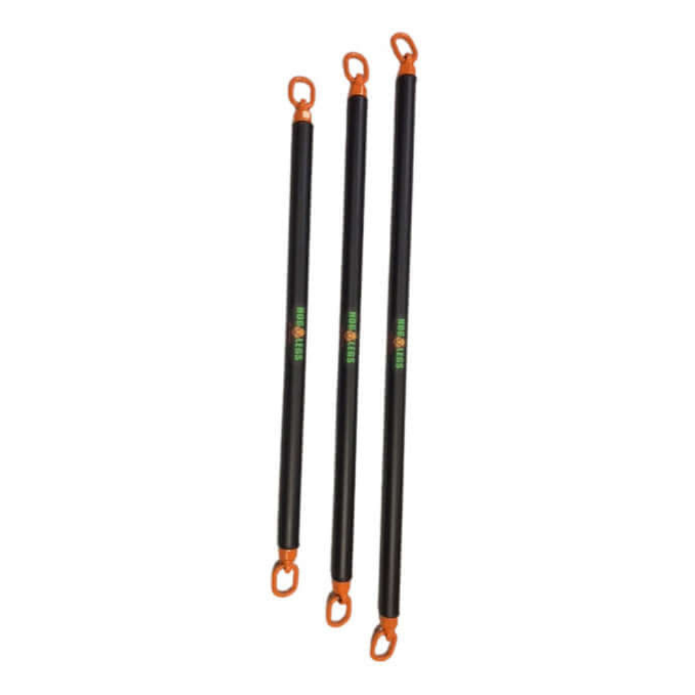 The HOG LEGS 'PRO' Dual Cable Bar Gym Attachments feature three black rods with orange loops, arranged in descending size. They are crafted to commercial-grade standards and include a lifetime warranty for peace of mind.