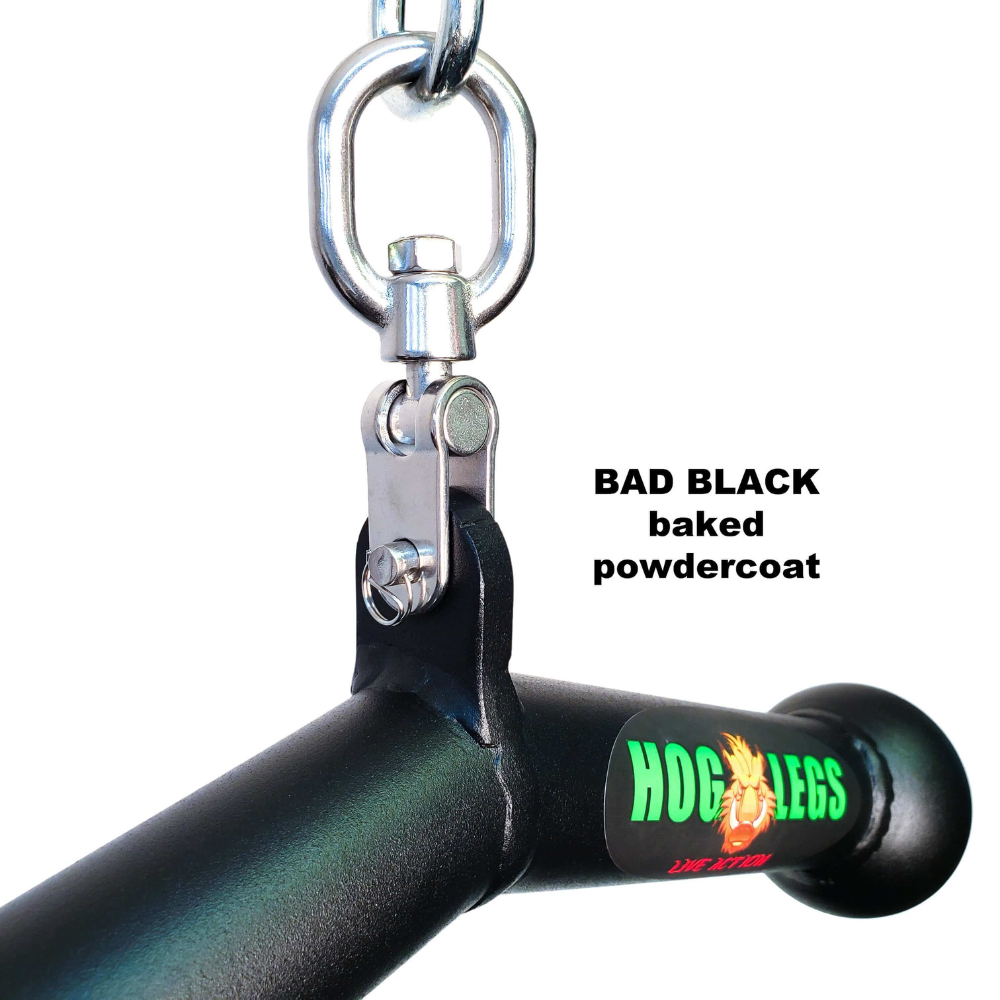 The HOG LEGS 'Piglet Plus' Triceps Bar, featuring "BAD BLACK baked powdercoat" and chain, is branded for optimal triceps targeting to ensure bigger gains.