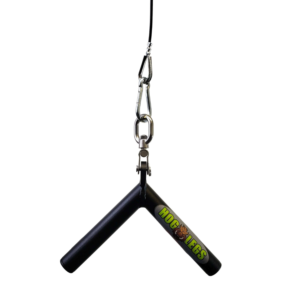 The HOG LEGS 'Pork Chop' Killer Triceps Workout Cable Bar features a V-shaped black handle with a logo, ideal for 90-degree triceps exercises, and easily attaches to a metal hook and cable.