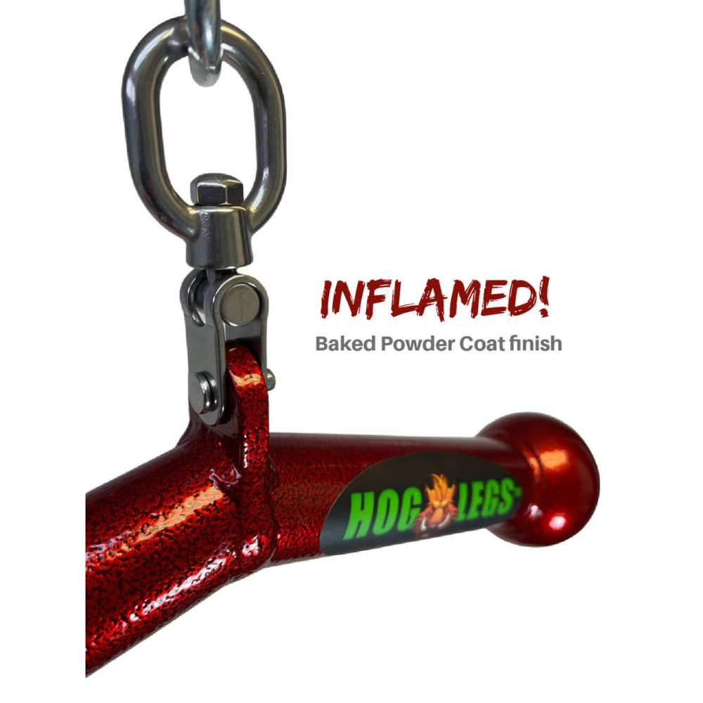 The "HOG LEGS 'Piglet Plus' Triceps Bar" is a red metal bar with a shiny finish, featuring a hook for triceps targeting and muscle stimulation, promising bigger gains in every workout.