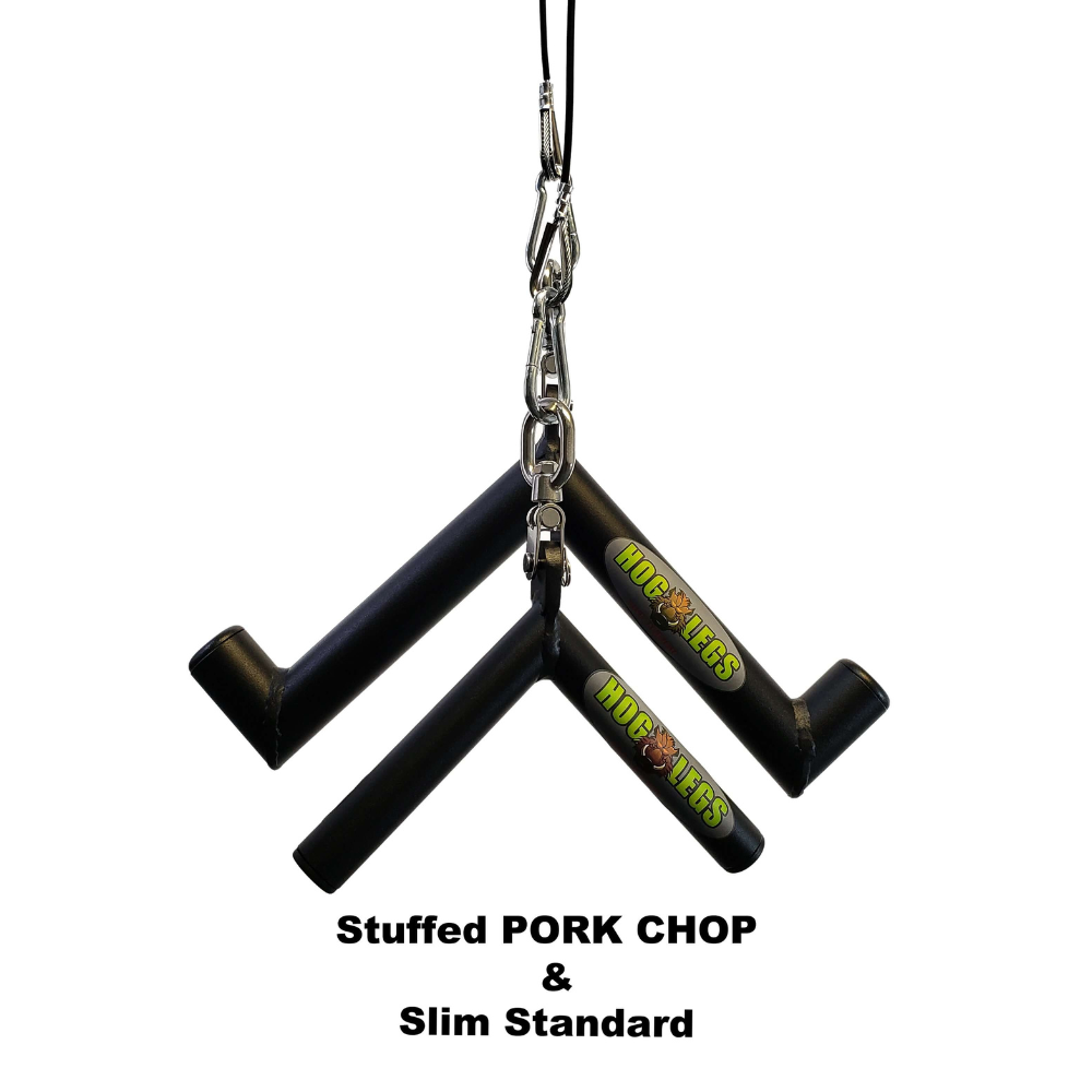 Three black dog tug toys labeled "HD HOSS" with "Stuffed PORK CHOP & Slim Standard" below, designed to withstand the strength of a 90 Degree Triceps cable press down, named HOG LEGS 'Pork Chop' Killer Triceps Workout Cable Bar.