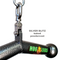 Close-up of a metallic handle with a hook attachment, labeled "HOG LEGS 'Piglet Plus' Triceps Bar has Balls of Steel," designed for triceps targeting. Text: "SILVER BLITZ baked powdercoat for muscle stimulation.