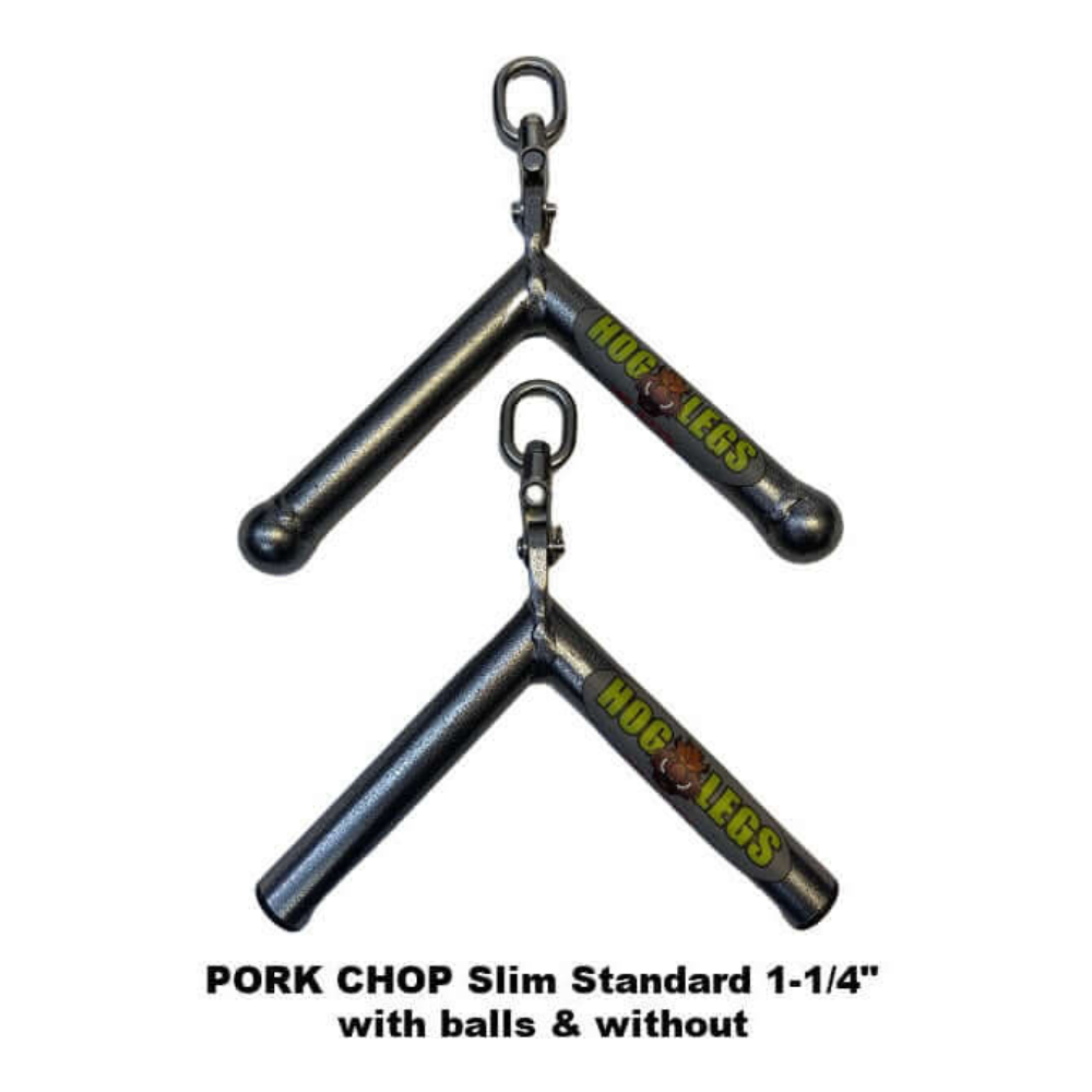 HOG LEGS 'Pork Chop' Killer Triceps Workout Cable Bar, available with or without balls, is ideal for improving 90-degree triceps workouts and perfecting triceps extensions.