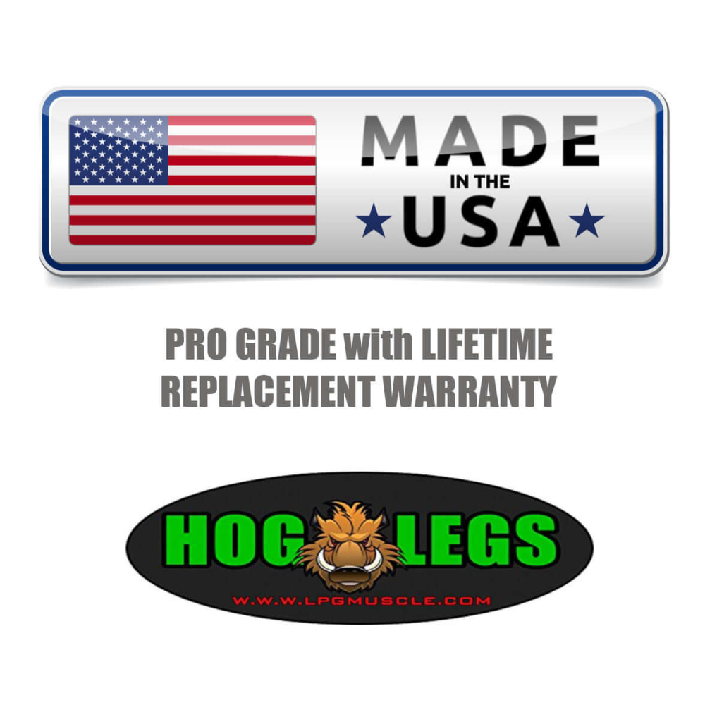 The "Pro Grade" text, "Made in the USA" badge, and logo with a hog promise muscle stimulation for bigger gains with the HOG LEGS 'Piglet Plus' Triceps Bar that has Balls of Steel!.