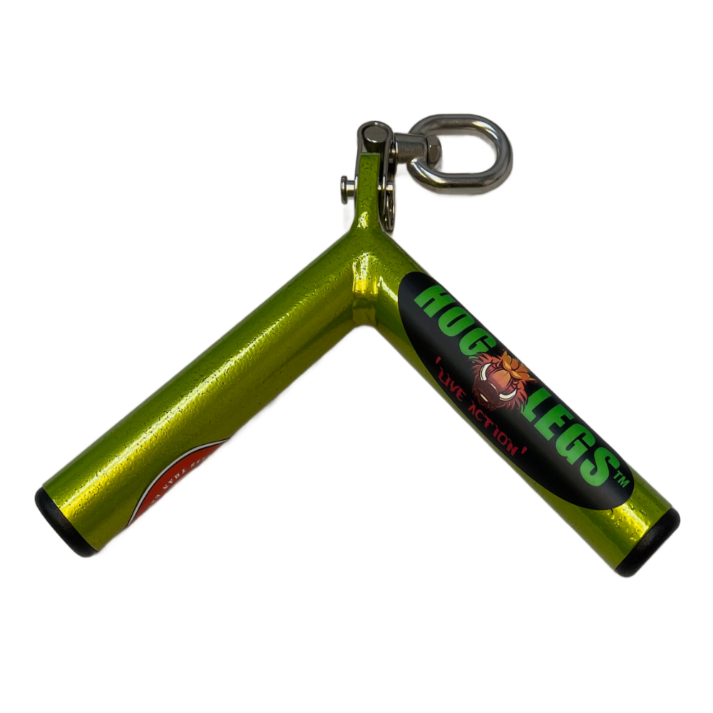 Green nunchucks branded with the "HOG LEGS" logo, featuring a metal swivel joint and snap hook—ideal for incorporating distinct techniques such as triceps extensions into your workout.