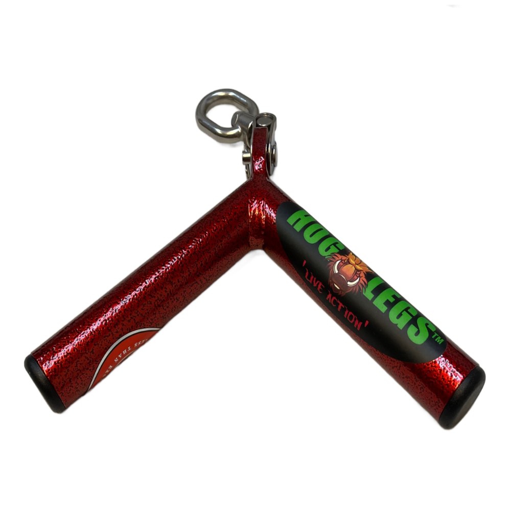 A vibrant red Y-shaped boomerang with a "Moggeleys Live Action" cartoon design and keyring attachment, ideal for enthusiasts who appreciate precision, similar to using the HOG LEGS 'Pork Chop' Killer Triceps Workout Cable Bar.