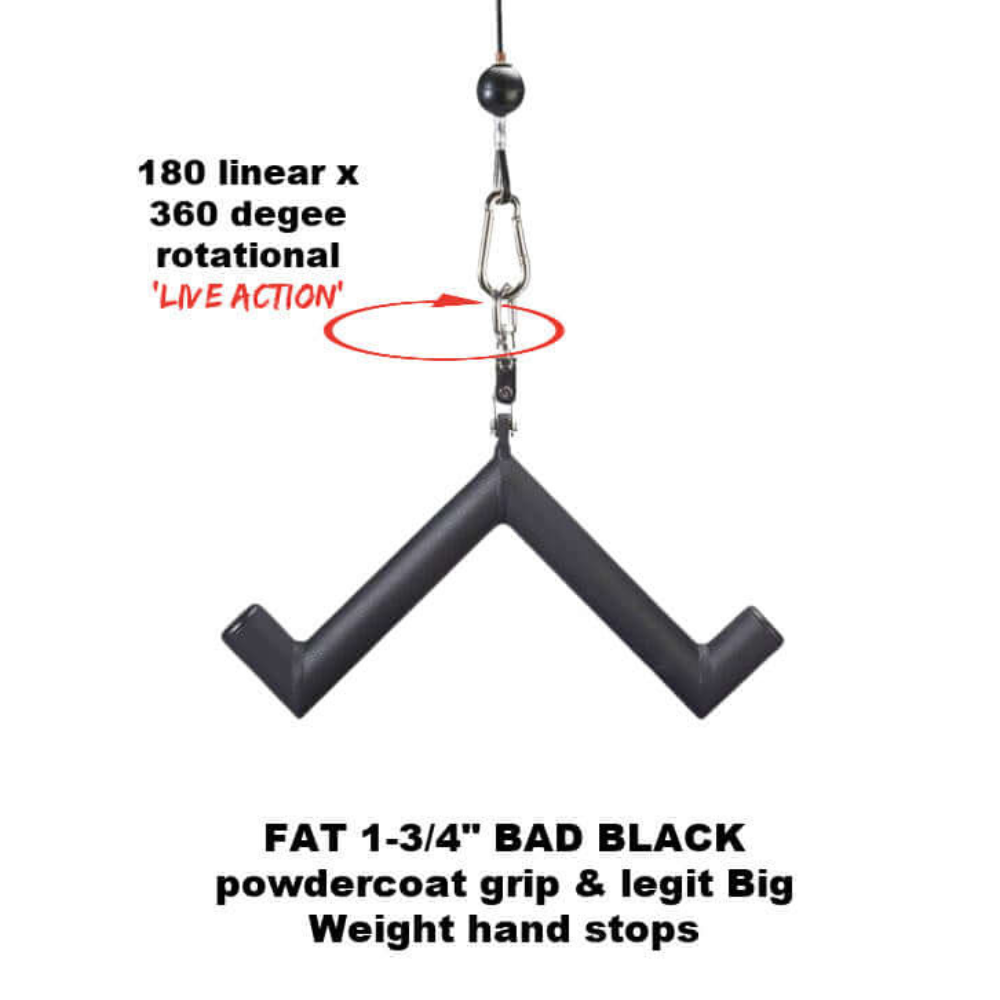 The HOG LEGS 'Pork Chop' Killer Triceps Workout Cable Bar features a black V-shaped handle with a swiveling hook, ideal for 90-degree triceps exercises and cable press downs. It is expertly designed to allow rotational grip and weight stops, set against a white background.