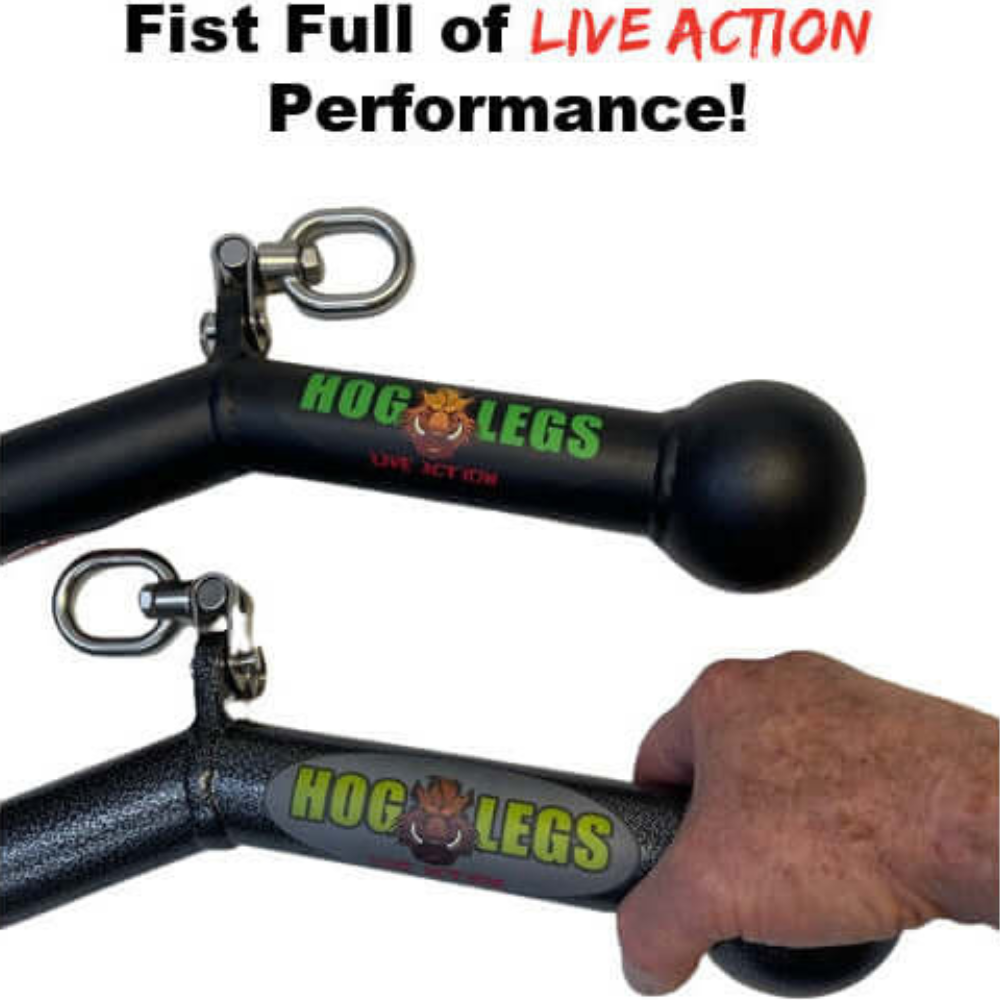 A hand holds two HOG LEGS 'Piglet Plus' grips, with text above celebrating their performance and promising bigger gains for muscle enthusiasts.