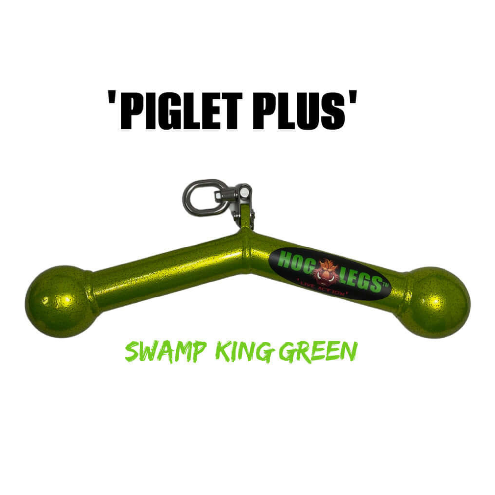 Introducing the HOG LEGS "Piglet Plus" Triceps Bar in Swamp King Green—a fishing tool with a swivel clip. Built for durability, it delivers effective muscle stimulation, promising bigger gains on your sporting adventures.