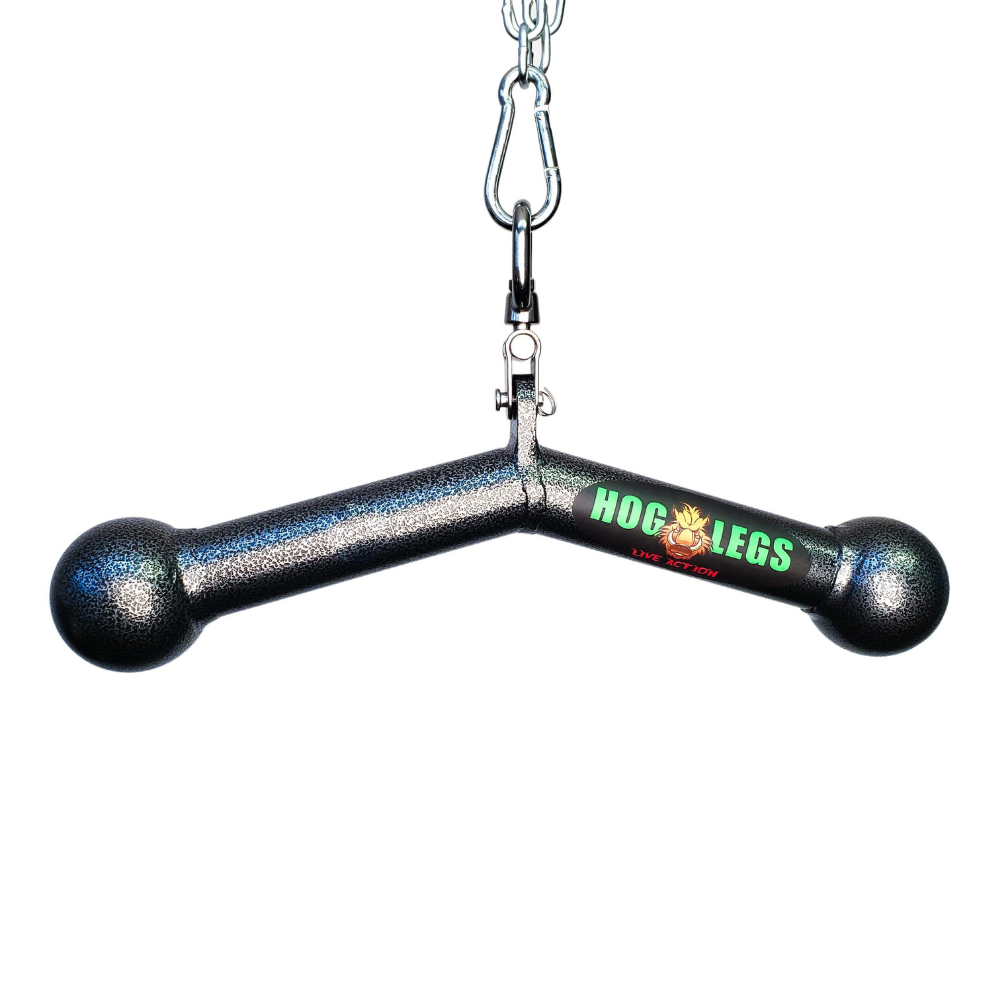 The HOG LEGS 'Piglet Plus' Triceps Bar, featuring the "Hog Legs" logo, includes a chain and carabiner for improved muscle stimulation and triceps targeting.
