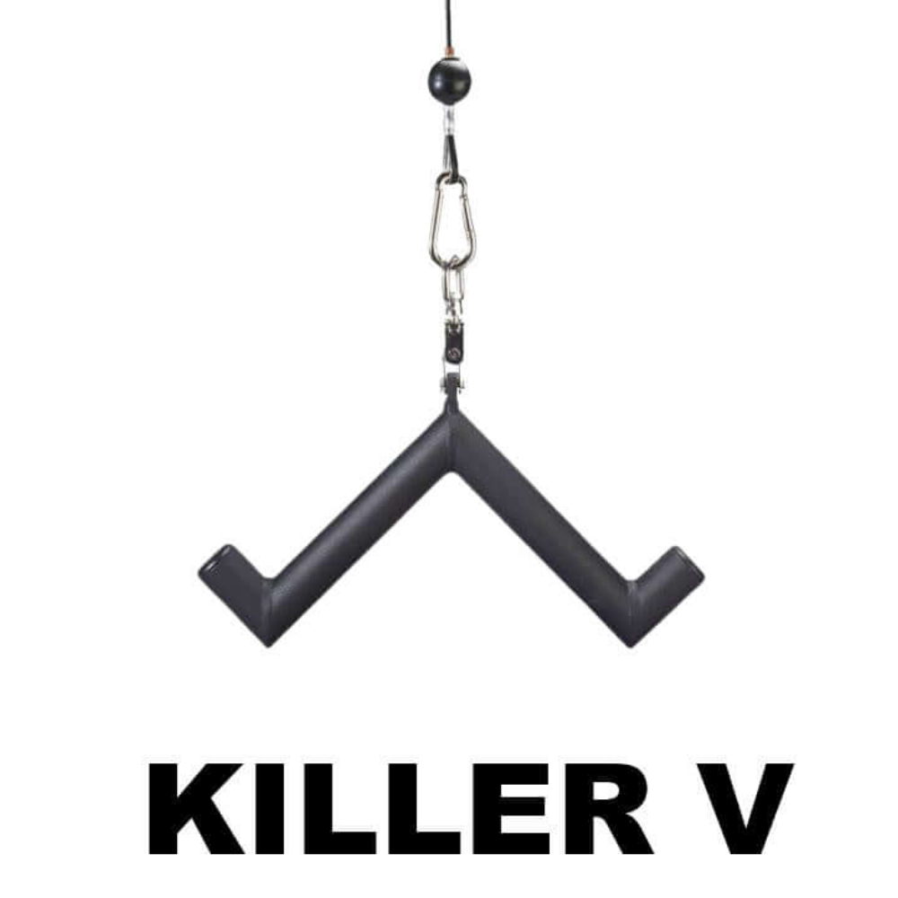 The HOG LEGS 'Pork Chop' Killer Triceps Workout Cable Bar is ideal for executing Cable Press Downs and Triceps Extensions, offering a robust grip that enhances your 90-degree triceps workouts.