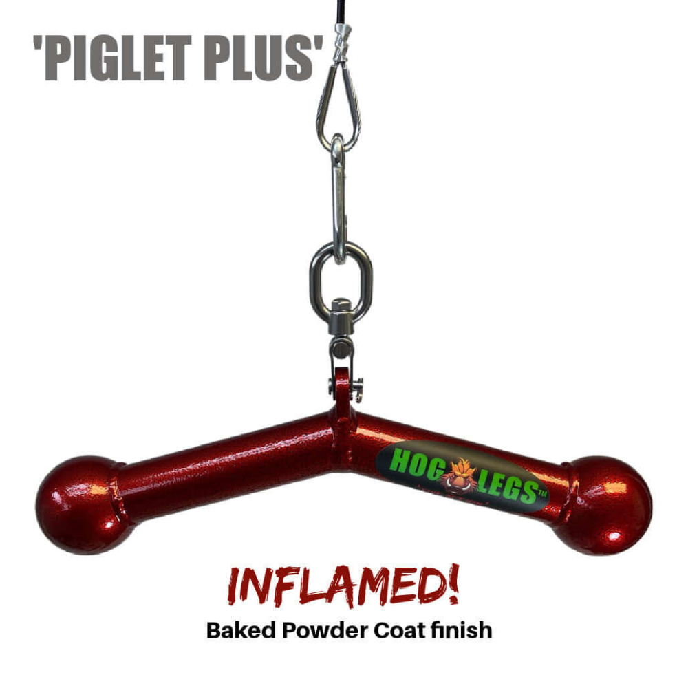 The HOG LEGS 'Piglet Plus' Triceps Bar features a red metal exercise handle with the "Hog Legs" logo and an "Inflamed! Baked Powder Coat finish," designed for optimal muscle stimulation and triceps targeting.