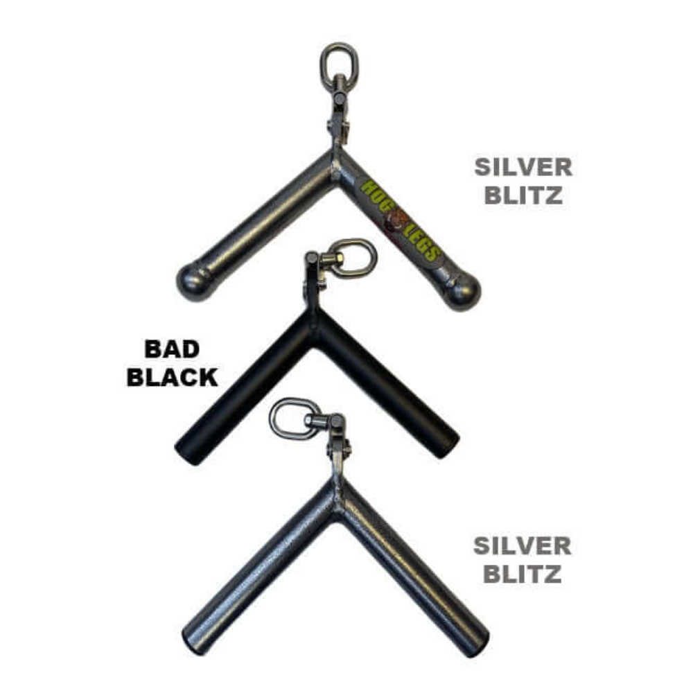 Three Y-shaped dog leashes, labeled "SILVER BLITZ" and "BAD BLACK," are as robust as the HOG LEGS 'Pork Chop' Killer Triceps Workout Cable Bar, providing strong support akin to a 90-degree cable press down.