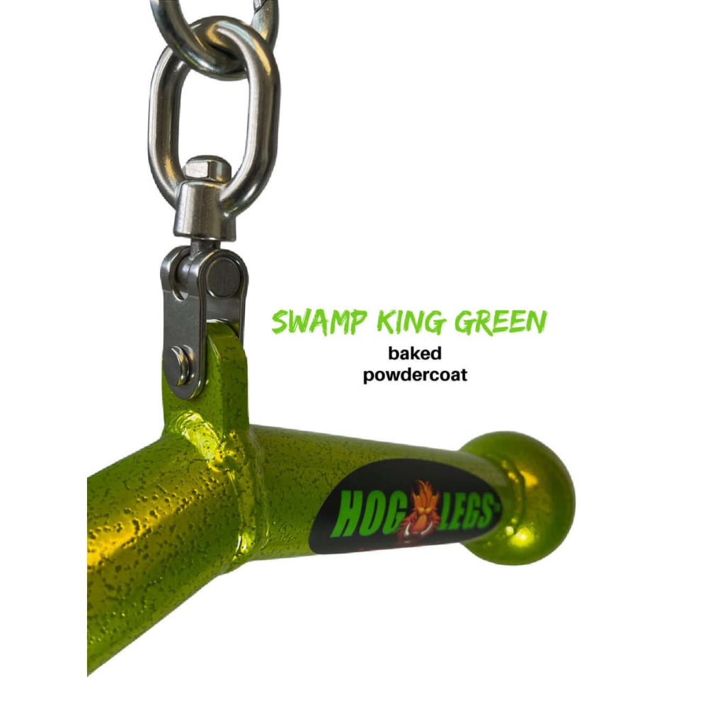 The HOG LEGS 'Piglet Plus' Triceps Bar with Balls of Steel features a green metallic handle labeled "SWAMP KING GREEN" baked powdercoat, ideal for triceps targeting and muscle stimulation for bigger gains.