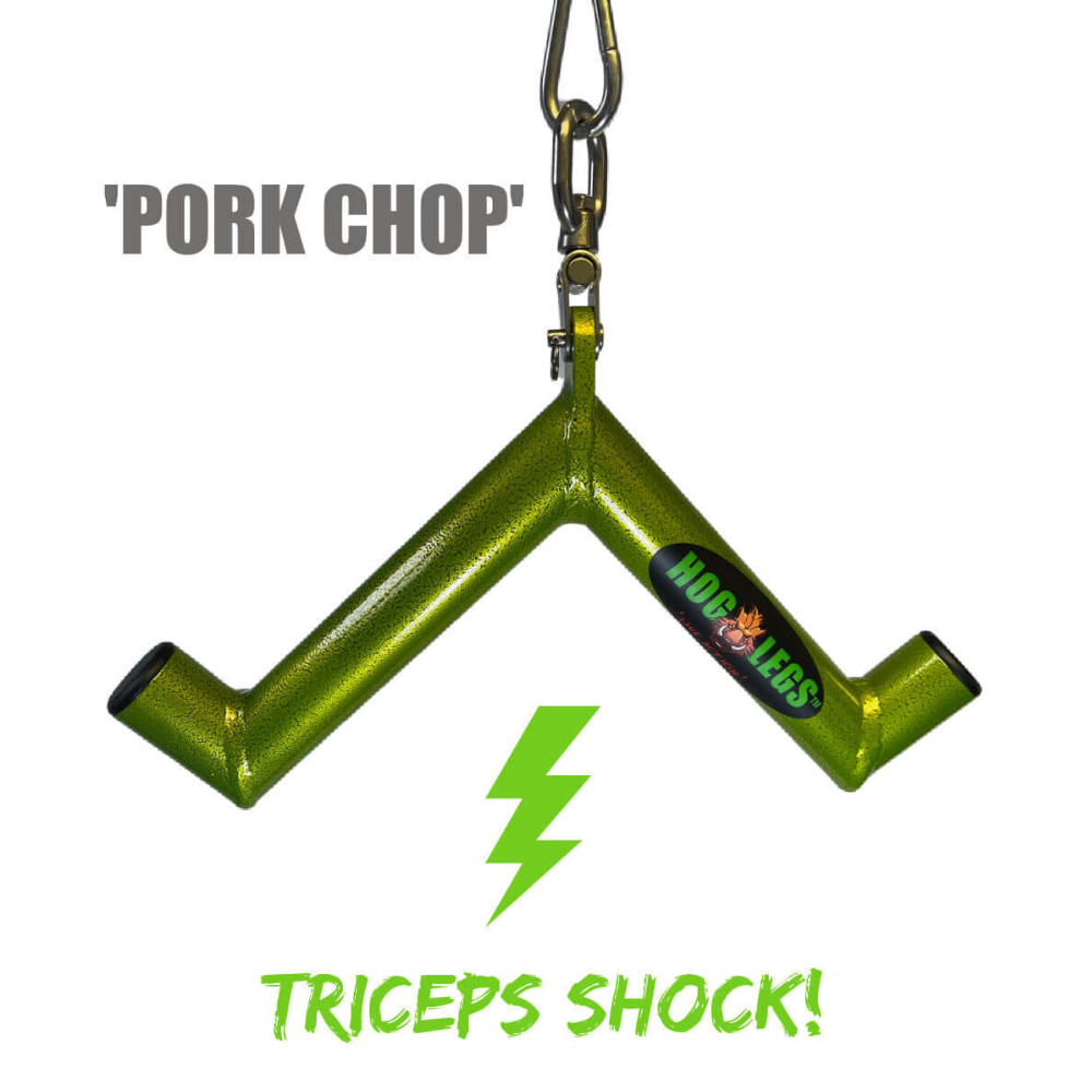 Introducing the HOG LEGS 'Pork Chop,' a vibrant green, V-shaped triceps tool with 'Triceps Shock!' and a lightning bolt graphic, perfect for mastering Triceps Extensions and Cable Press Downs, turning your routine into an electrifying 90 Degree Triceps workout.