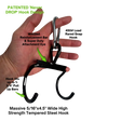 A hand holds the HOG LEGS Pull Up Handles Hook, with labels showing its reinforced bar, hook tip, and attachment eye—ideal for use on pull up bars or as a sturdy cable machine handle.