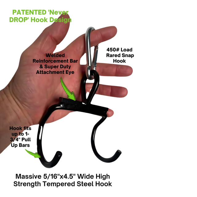 A hand holds the HOG LEGS Pull Up Handles Hook, with labels showing its reinforced bar, hook tip, and attachment eye—ideal for use on pull up bars or as a sturdy cable machine handle.