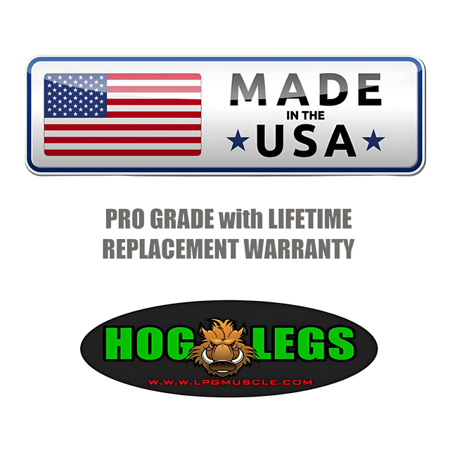 A "Made in the USA" sign, lifetime replacement warranty text, and a HOG LEGS Pull Up Handles Hook logo with a cartoon hog.