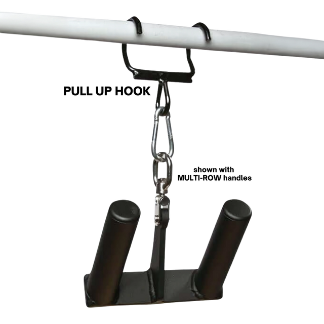 The HOG LEGS Pull Up Handles Hook features two ergonomic black metal grips and attaches to bars with a sturdy chain and carabiner, making it ideal for enhancing your pull-up workouts.