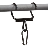 The HOG LEGS Pull Up Handles Hook clips onto a horizontal pipe, featuring a hanging S-shaped "Never Drop" hook—built for reliability and backed by a Lifetime Replacement Warranty.
