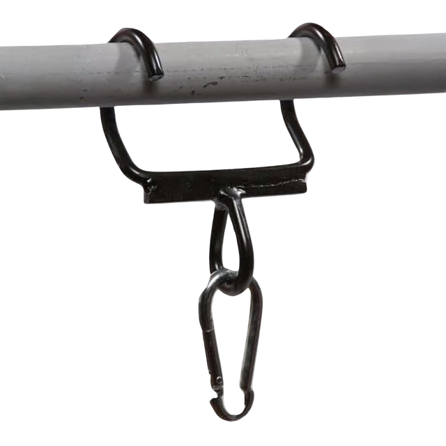 The HOG LEGS Pull Up Handles Hook clips onto a horizontal pipe, featuring a hanging S-shaped "Never Drop" hook—built for reliability and backed by a Lifetime Replacement Warranty.