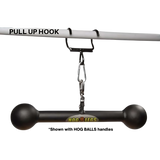 The HOG LEGS Pull Up Handles Hook features a black pull-up hook bar with a hanging grip attachment suspended by carabiners—ideal for upgrading your pull up bars setup.