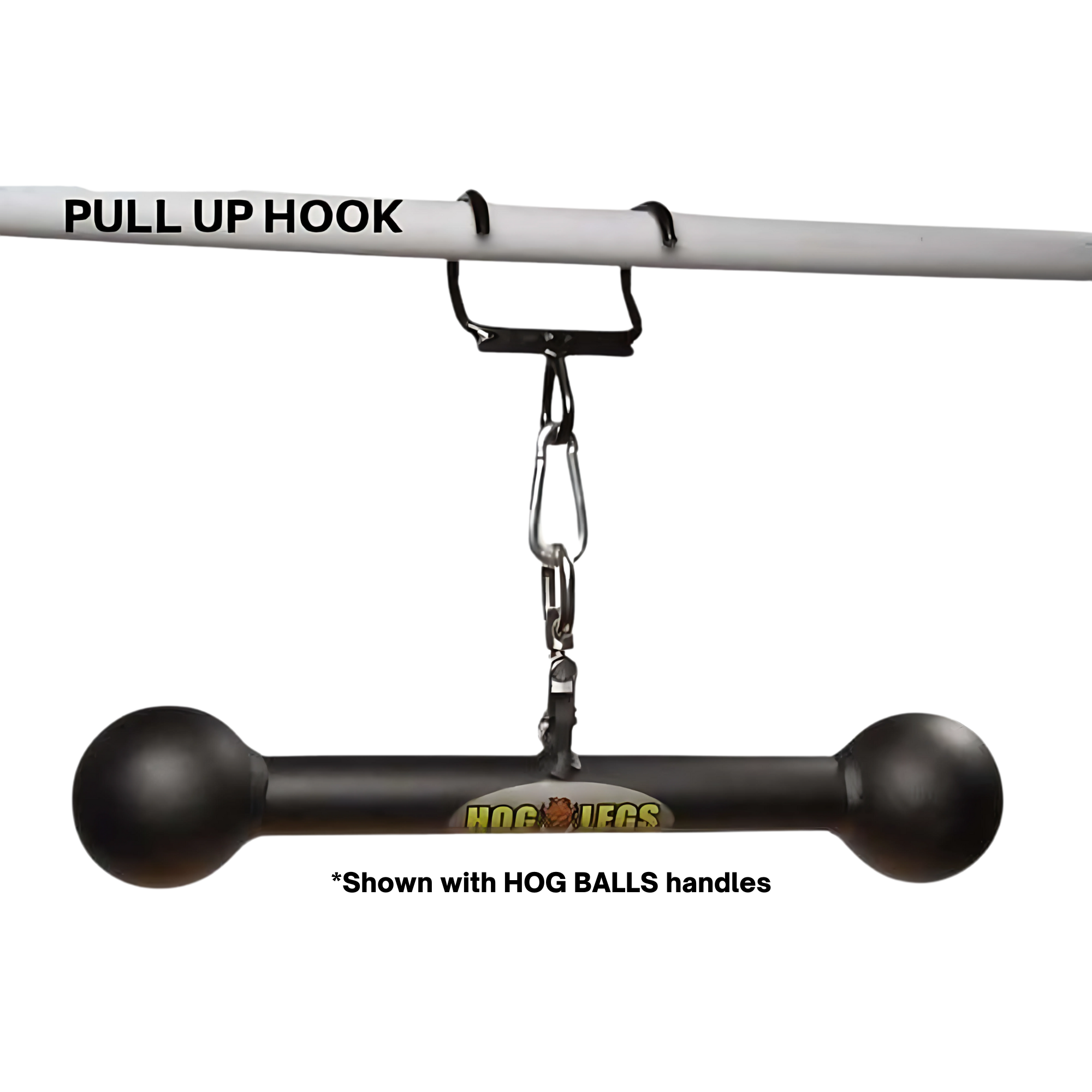 The HOG LEGS Pull Up Handles Hook features a black pull-up hook bar with a hanging grip attachment suspended by carabiners—ideal for upgrading your pull up bars setup.