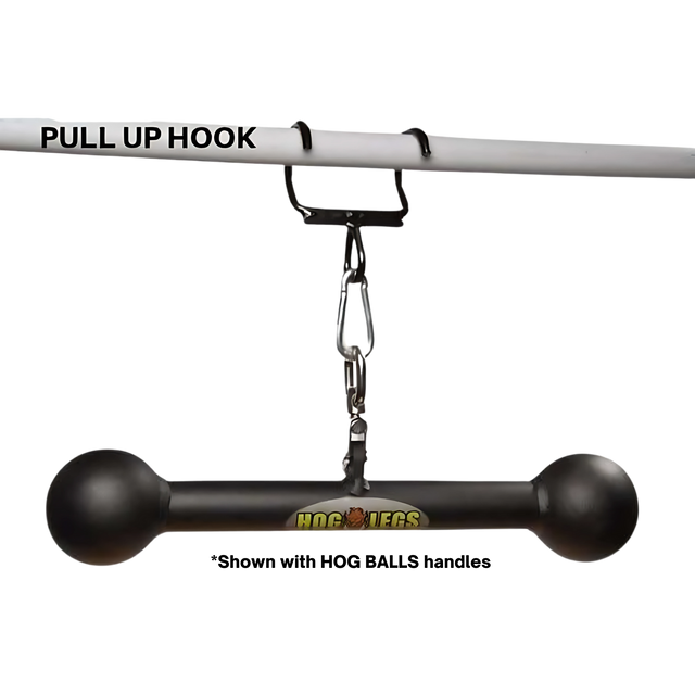 The HOG LEGS Pull Up Handles Hook features a black pull-up hook bar with a hanging grip attachment suspended by carabiners—ideal for upgrading your pull up bars setup.
