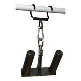 Black HOG LEGS Pull Up Hooks feature patented hooks and dual handles, hanging from a metal bar with chains for use with cable machine handles.
