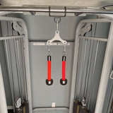 The HOG LEGS Pull Up Hooks for Exercise Cable Attachments, with a patented hook design and red grip handles, are ready for your workout.