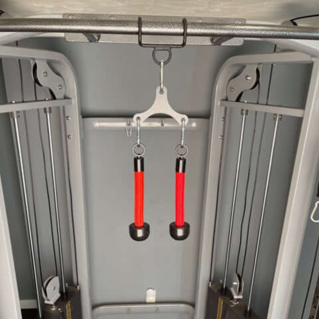 The HOG LEGS Pull Up Hooks for Exercise Cable Attachments, with a patented hook design and red grip handles, are ready for your workout.