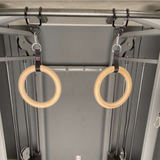 HOG LEGS Pull Up Hooks for Exercise Cable Attachments are used in gyms, attaching securely to a metal frame with their patented design.
