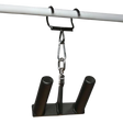 The HOG LEGS Pull Up Hooks for Exercise Cable Attachments is a black metal handle with two grips, hanging by chain and carabiner, featuring a patented hook for secure attachment and a lifetime warranty for durability and confidence.