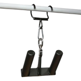 The HOG LEGS Pull Up Hooks for Exercise Cable Attachments is a black metal handle with two grips, hanging by chain and carabiner, featuring a patented hook for secure attachment and a lifetime warranty for durability and confidence.