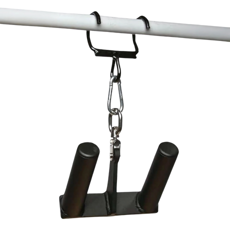 The HOG LEGS Pull Up Hooks for Exercise Cable Attachments is a black metal handle with two grips, hanging by chain and carabiner, featuring a patented hook for secure attachment and a lifetime warranty for durability and confidence.
