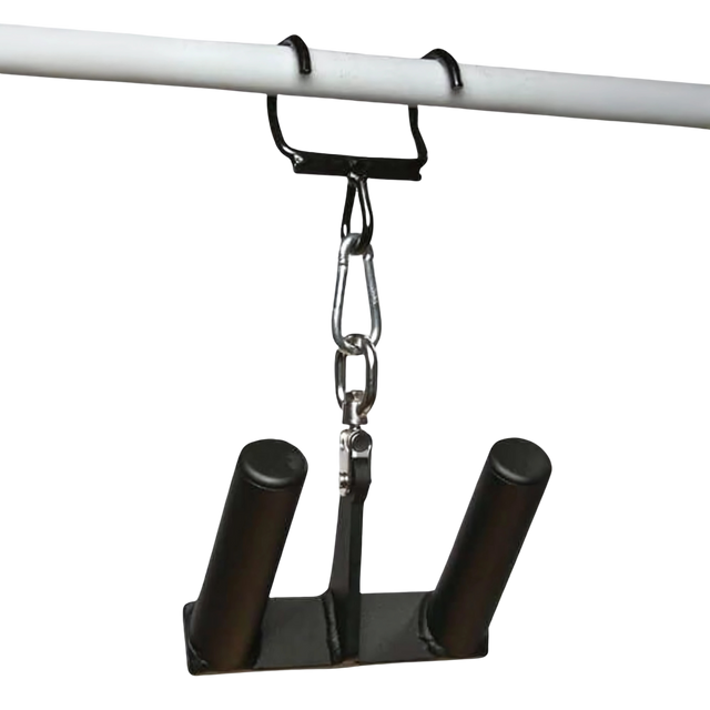 The HOG LEGS Pull Up Hooks for Exercise Cable Attachments is a black metal handle with two grips, hanging by chain and carabiner, featuring a patented hook for secure attachment and a lifetime warranty for durability and confidence.