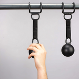 A hand grips a HOG LEGS 'Raging Boar' Pull-Up Grip, attached to a pull-up bar with a strap—perfect for enhancing grip strength during back workouts.