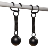 Two HOG LEGS 'Raging Boar' Pull-Up Grips, black balls with straps, hang from hooks on a horizontal bar—ideal for building grip strength and working back muscles.