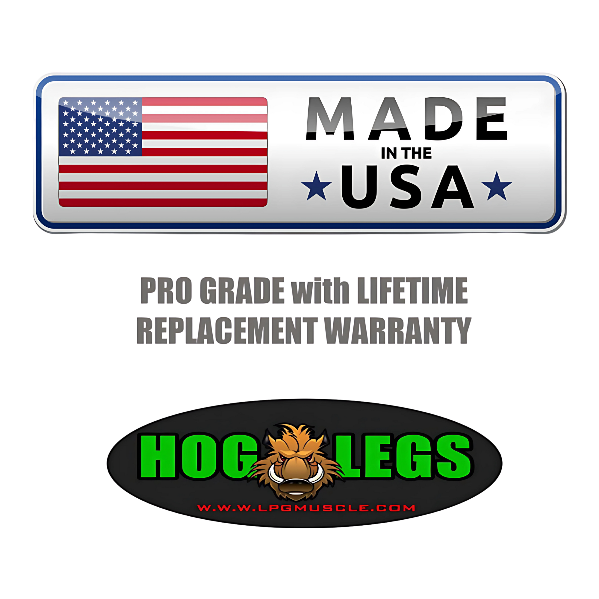 The HOG LEGS 'Revolution' Fat Grip straight Curling Bar Gym Cable Attachment features a non-slip powder coat grip for added safety, a "Made in the USA" sign, warranty details, and a cartoon hog logo with the website URL.