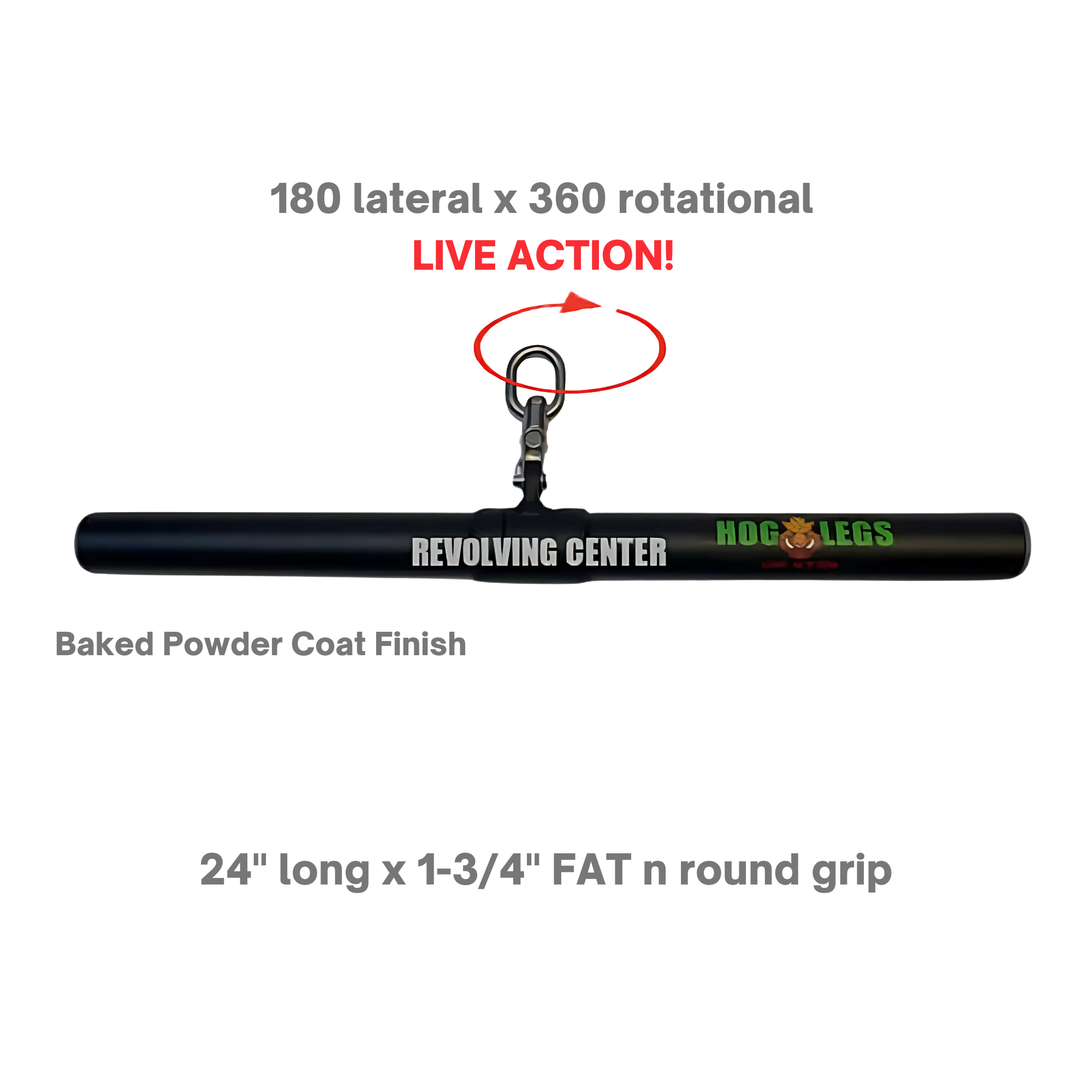 The HOG LEGS 'Revolution' Fat Grip straight Curling Bar Gym Cable Attachment features a non-slip grip, secure clip, and rotating center for 180° lateral and 360° rotational movement.