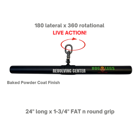 The HOG LEGS 'Revolution' Fat Grip straight Curling Bar Gym Cable Attachment features a non-slip grip, secure clip, and rotating center for 180° lateral and 360° rotational movement.