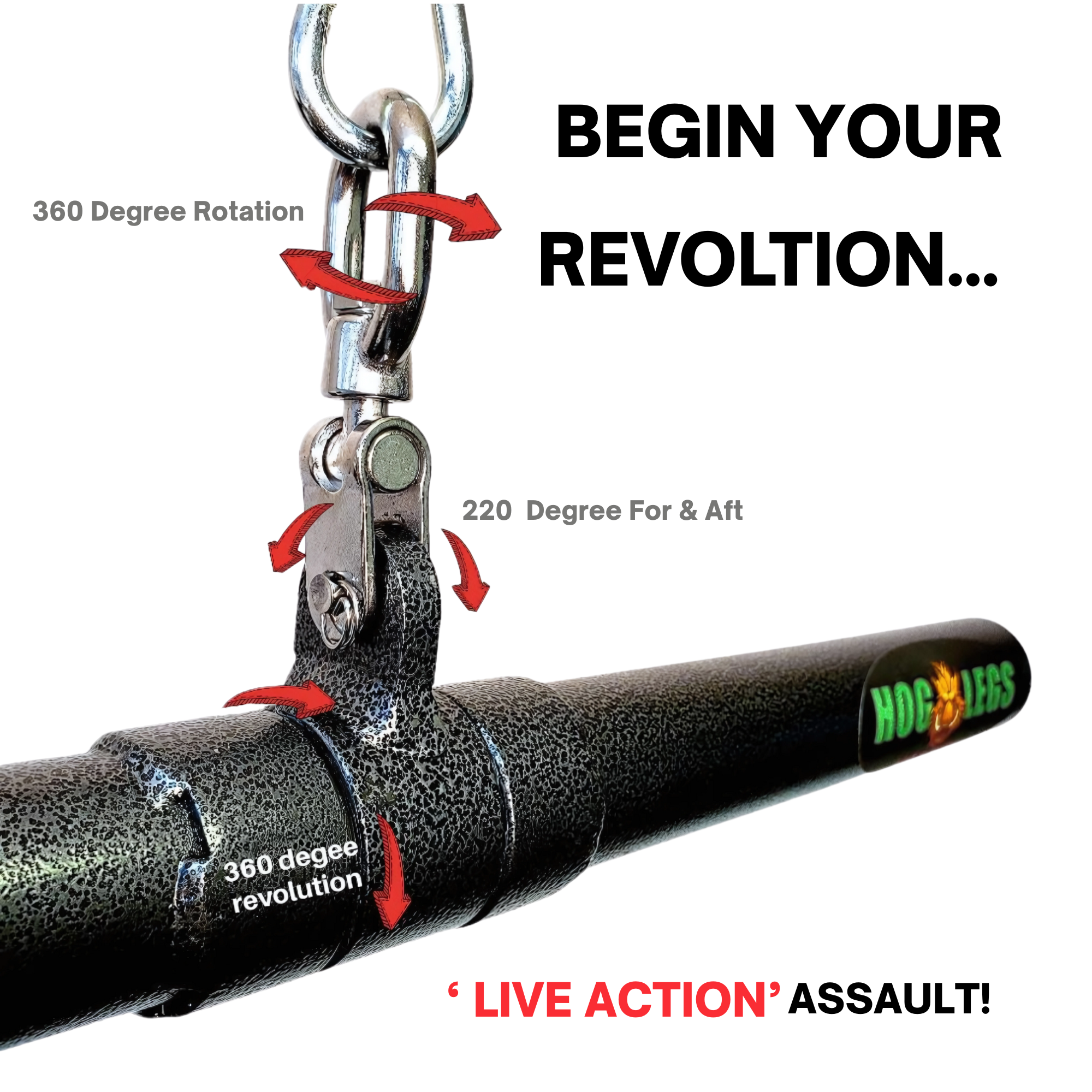 The HOG LEGS 'Revolution' Fat Grip straight Curling Bar Cable Attachment features a commercial-grade swivel joint for 360° rotation and 220° tilt, labeled “LIVE ACTION” and “HOT LEGS,” designed for optimal muscle activation.