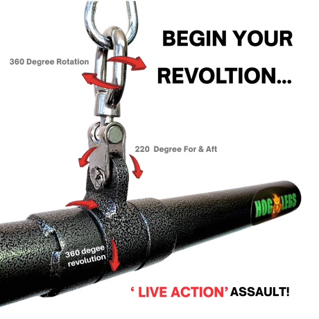 The HOG LEGS 'Revolution' Fat Grip straight Curling Bar Cable Attachment features a commercial-grade swivel joint for 360° rotation and 220° tilt, labeled “LIVE ACTION” and “HOT LEGS,” designed for optimal muscle activation.
